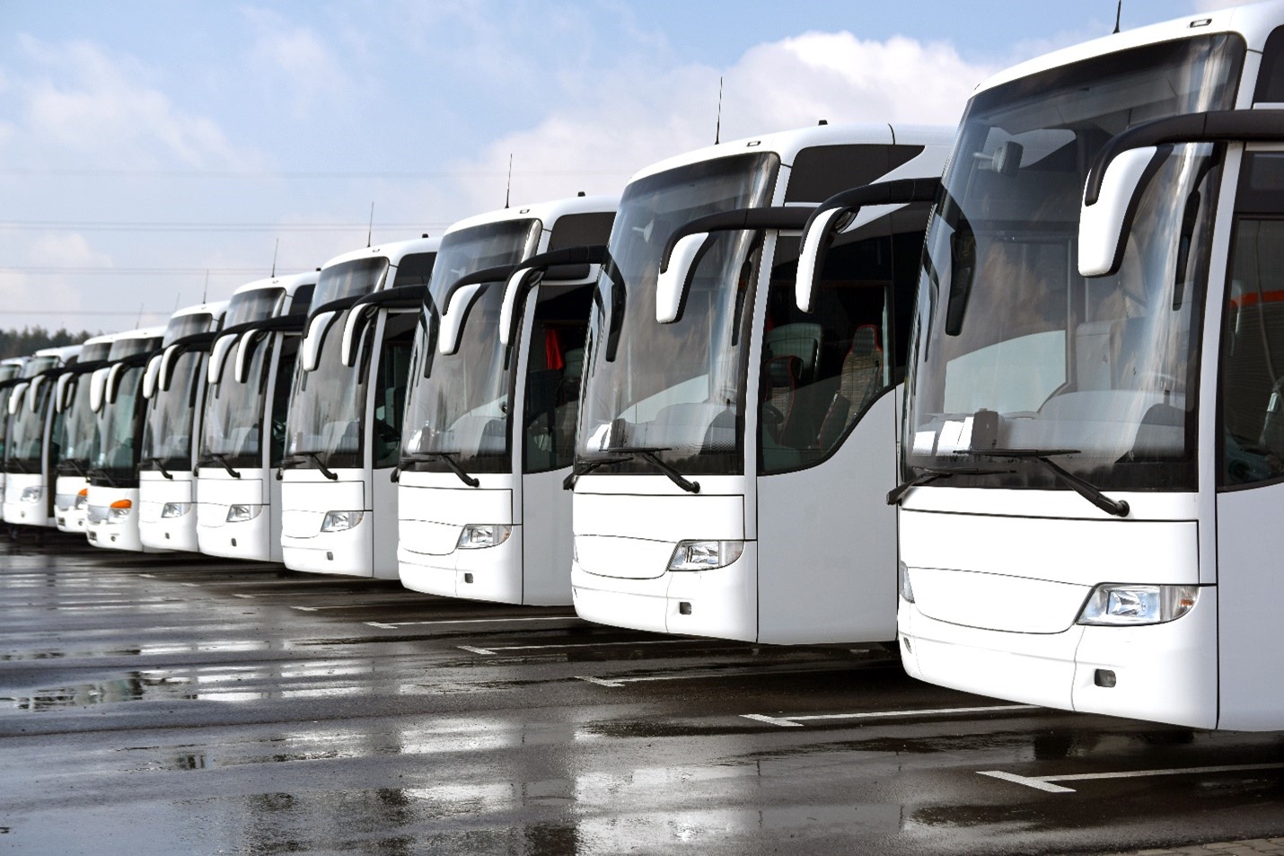 Passenger buses on a parking lot