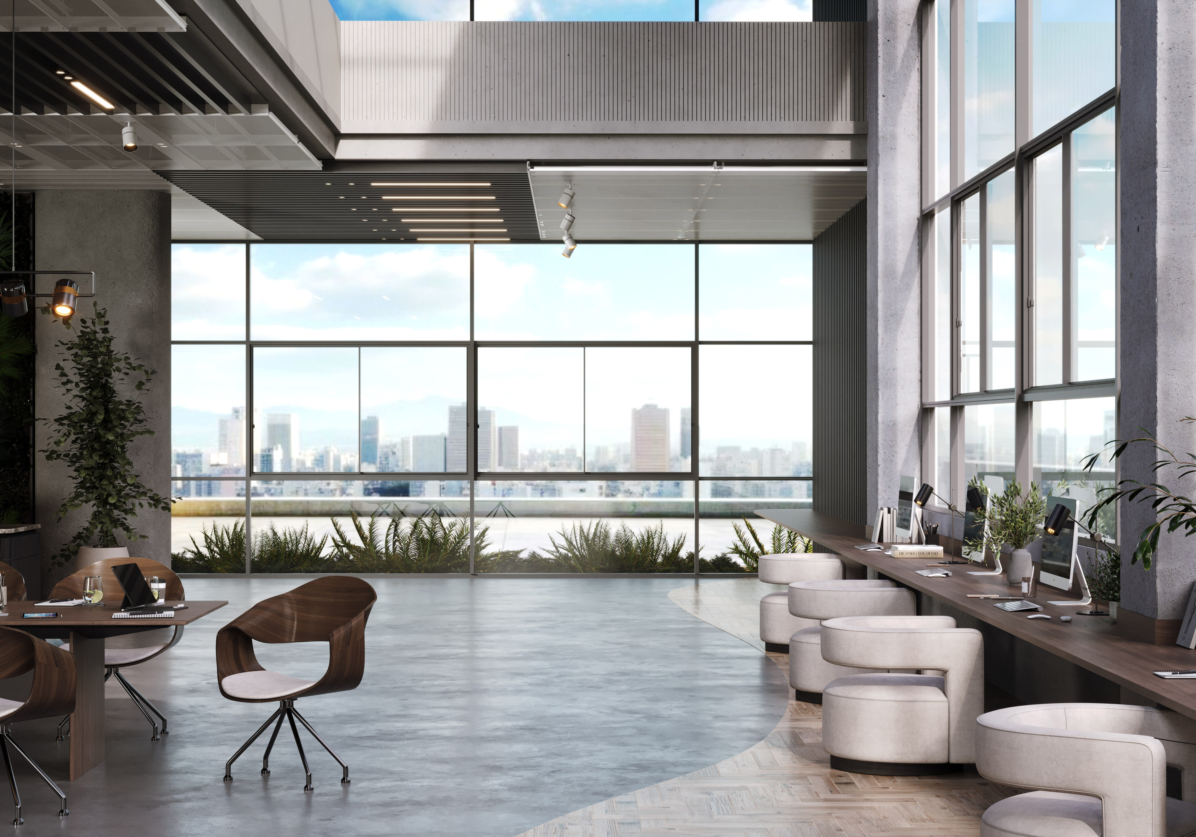 a room with a large window and a desk and chairs