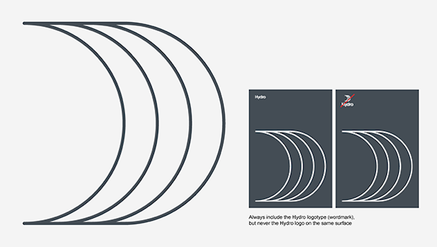 large and small versions of the sail, positive and negative print. Text; Always include the hydro logotype (wordmark), but never the hydro log on the same surface