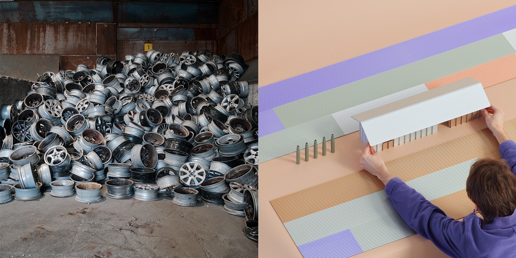 a man holding a white box next to a pile of rims
