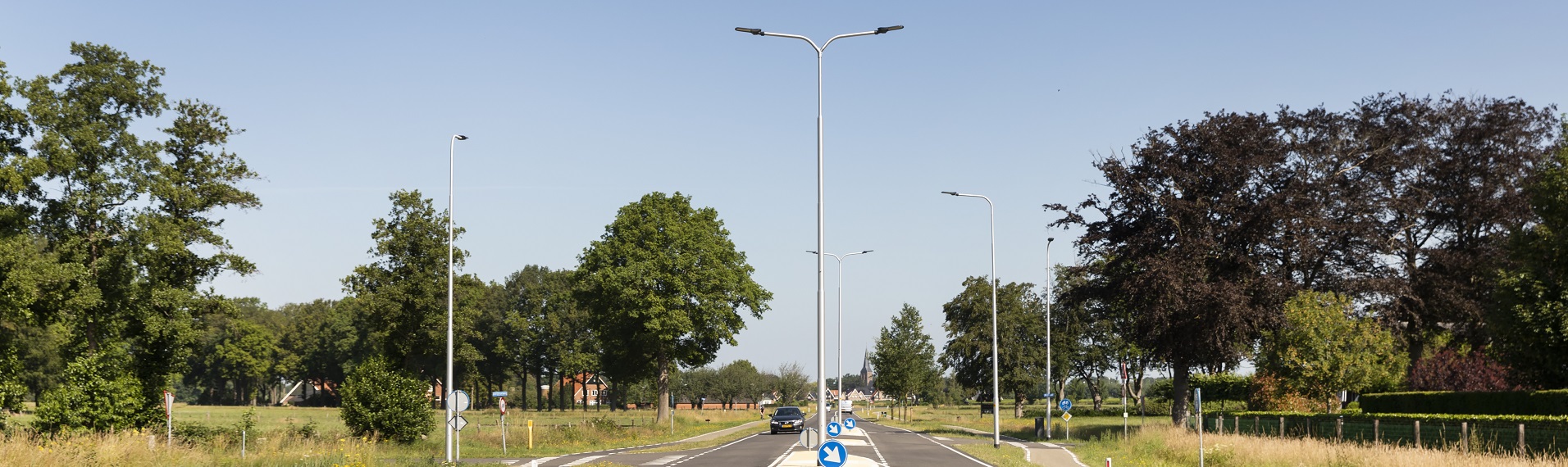 a road with trees and street lights